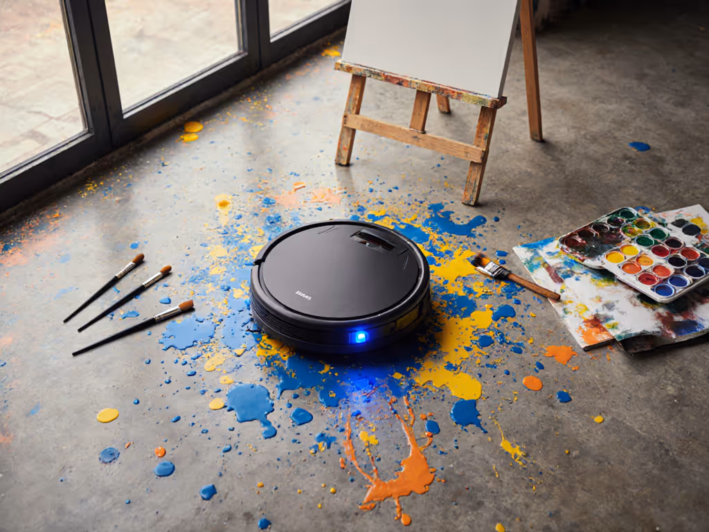 paint-splattered_floor_with_robot_vacuum_navigating_around_art_supplies